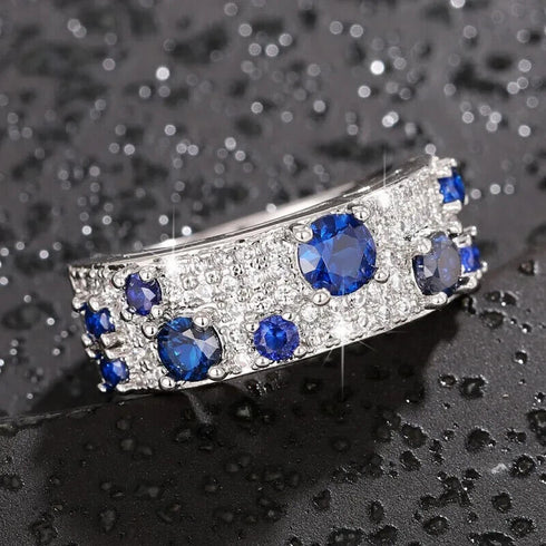 Classic Micro Pave Blue Cubic Zirconia 14K White Gold Plated Ring for Women